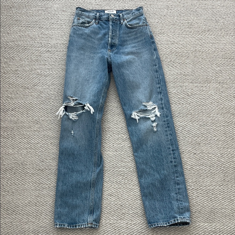 Agolde Blue Distressed Straight Leg Jeans